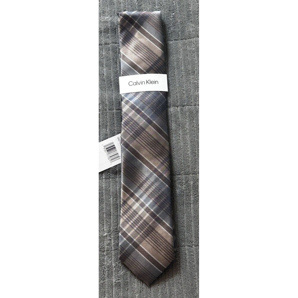 Calvin Klein Men's Tie Charcoal Grey Silver Plaid Textured Striped $70
